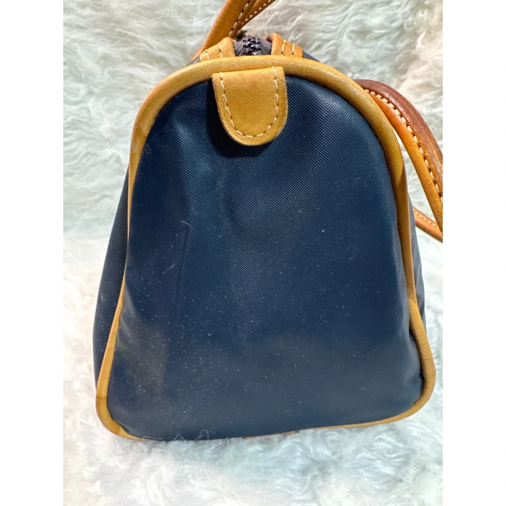 Jon Hart Navy Blue Nylon Barrel Bag Tan Leather Trim‎ Vintage Satchel Handbag